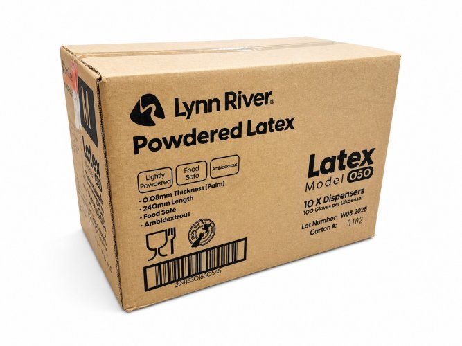 Lynn River LIGHTLY POWDERED LATEX GLOVES - CARTON OF 10 BOXES - AVAILABLE IN S,M,L